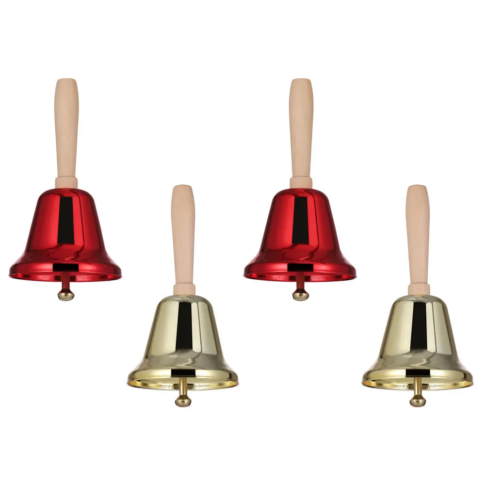 4 قطعة أجراس يدوية مقبض خشبي كرة معدنية داخل صوت عالي هش عيد الميلاد قرع جرس الخدمة التعليمية