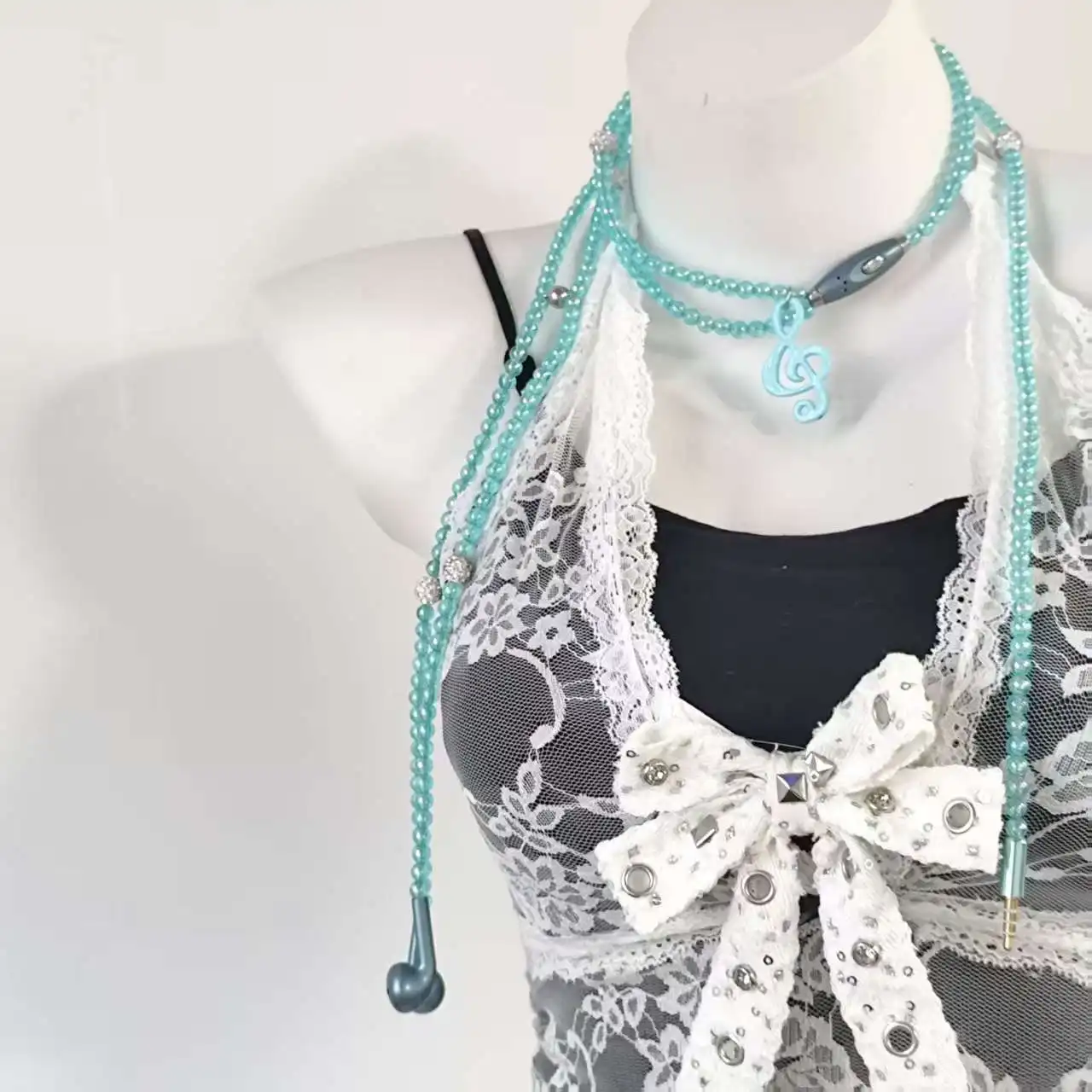 Kawaii Harajuku Multicolor Bead Necklace Music Note Charm Imitation Earphone Pendant Y2K Aesthetic Outfit Accessories