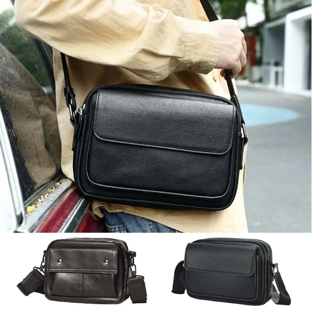 Textured PU Shoulder Bag Men Casual Adjustable Shoulder Strap Leather Crossbody Bag Men Streetwear Zipper Mobile Phone Bag Male