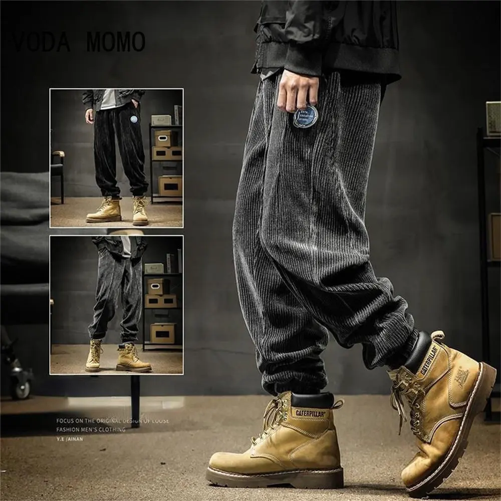 

Autumn Winter Men's Corduroy Casual Pants Elastic Waist Business Fashion Straight Loose Trousers Male Black Gray Men pants