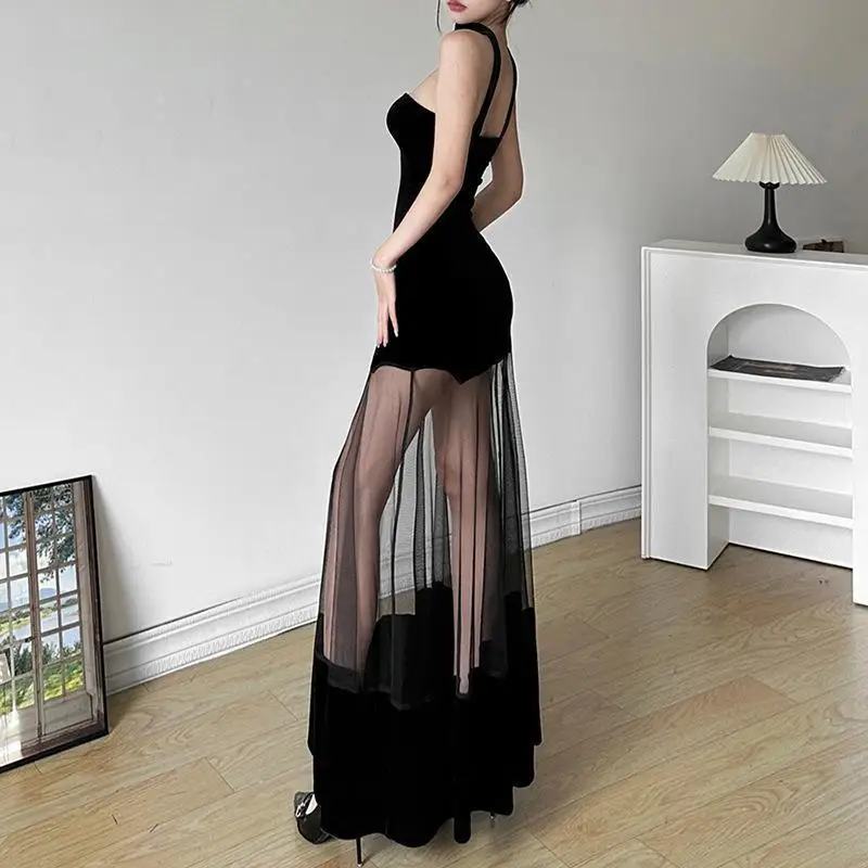 Sexy black strapless mesh see through patchwork hip hugging dress sleeveless off shoulder backless mid leng Long Vintage Dresses