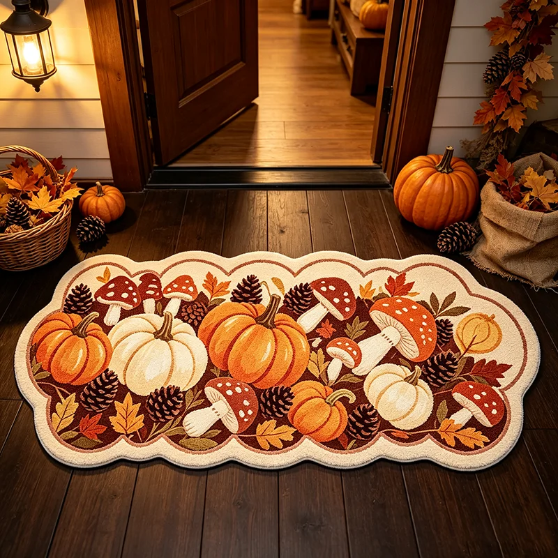 Harvest Thanksgiving Pumpkin & Mushroom Irregular Rug Retro Fall Maple Leaf Plush Floor Mat Bedroom Bedside Soft Fluffy Carpet