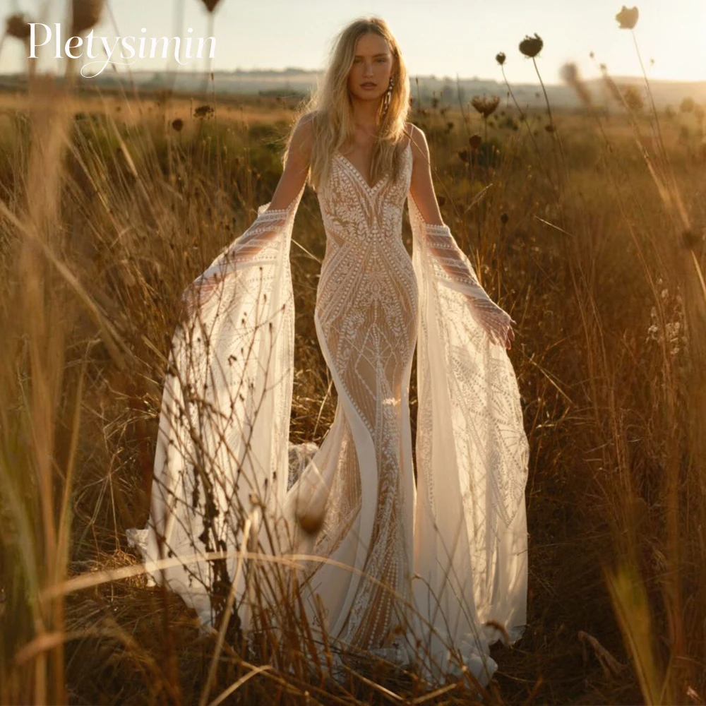 Boho cintas de espaguete vestidos de casamento v profundo sheer renda sereia vestidos de noiva batwing mangas largas vestido de novia personalizado