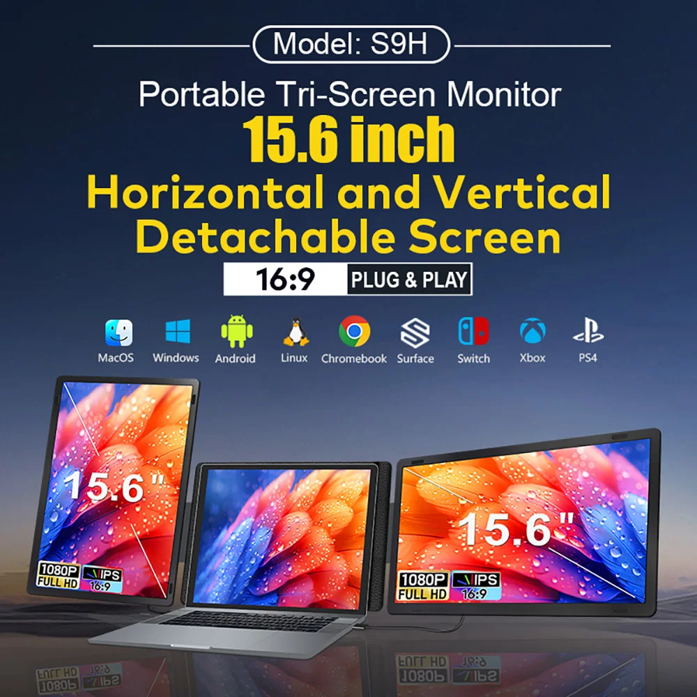 Rotatable 15.6 inch Screen Extender Dual LCD Extended FHD Triple Expandable IPS Portable Monitor for Productivity Rospider