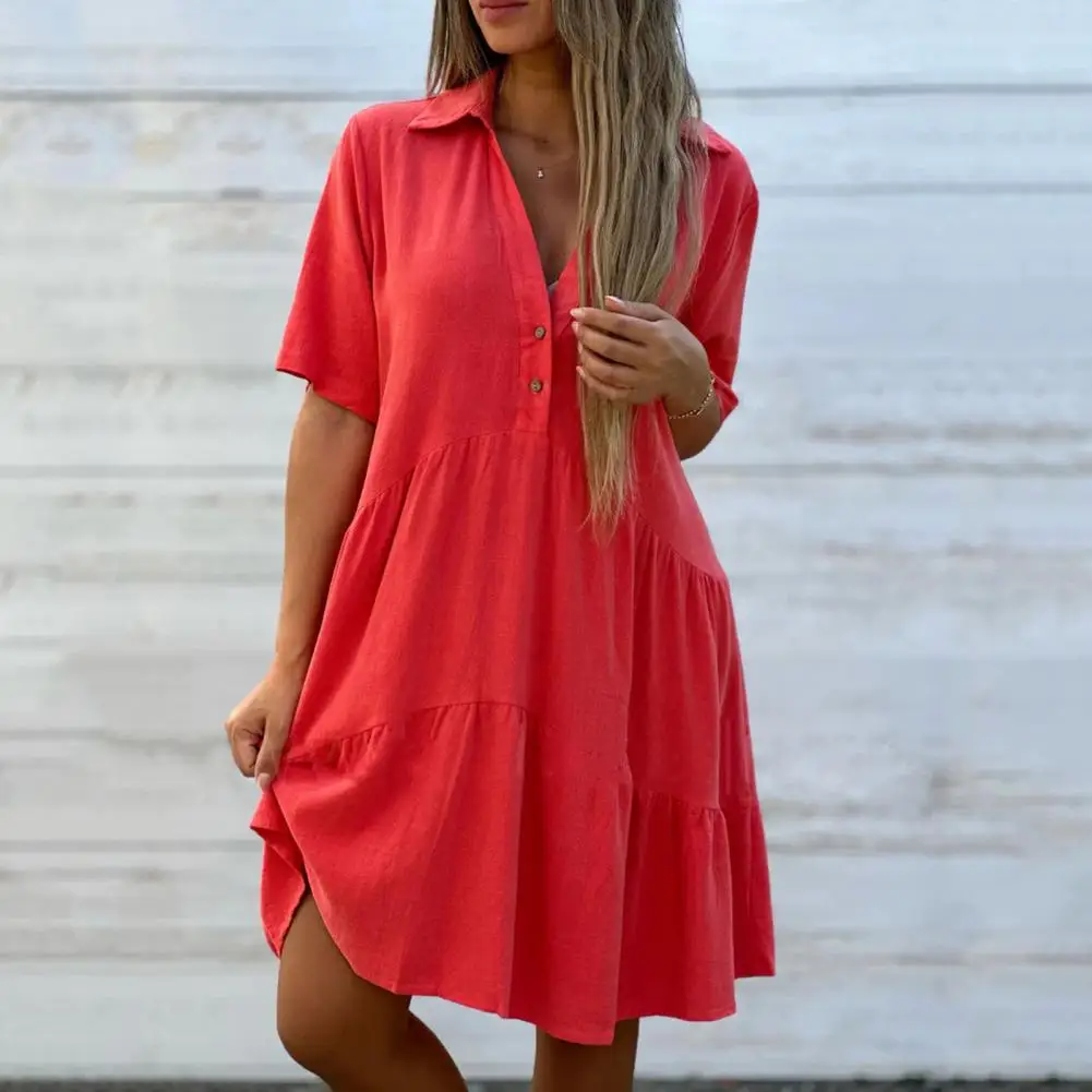 

Lady Loose Dress Stylish Summer Women's V Neck Pleated Patchwork A-line Dress with Swing Hem Solid Color Short Sleeves Knee