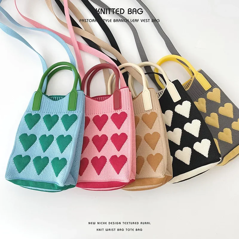 Handmade Knit Handbag Women Mini Shoulder Bag Female Casual Color Wide Stripe Plaid Small Tote Bag Student Girls Cell Phone Bags