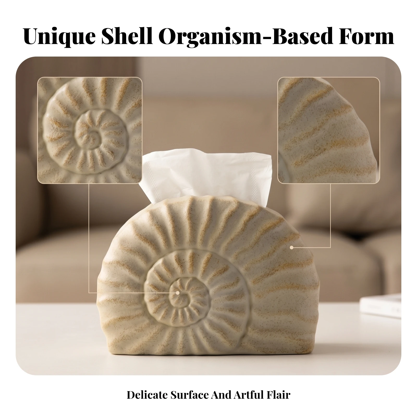Lightweight Textured Spiral Shell Tissue Holder Shell Tissue Box Cover Home Decor Accessory Coastal Style for Tabletop