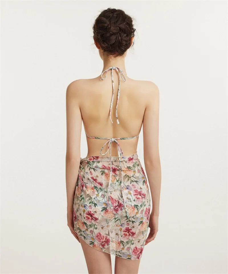 Nowy damski retro bikini z nadrukiem, trzyczęściowy, europejsko-amerykański seksowny strój kąpielowy dwuczęściowy z wiązaniem na szyi, idealny na wakacje na plaży.