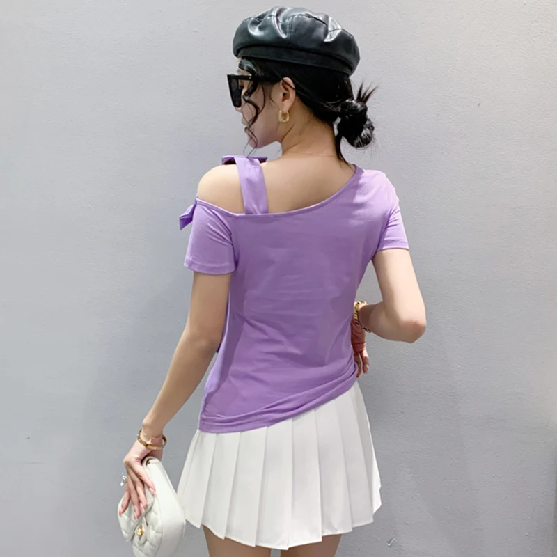 2023 Summer Korean Style New T-Shirt Chic Sexy Hollow Out Skew Collar Color Blocking Big Bow Women Tops Short Sleeve Tees 32480