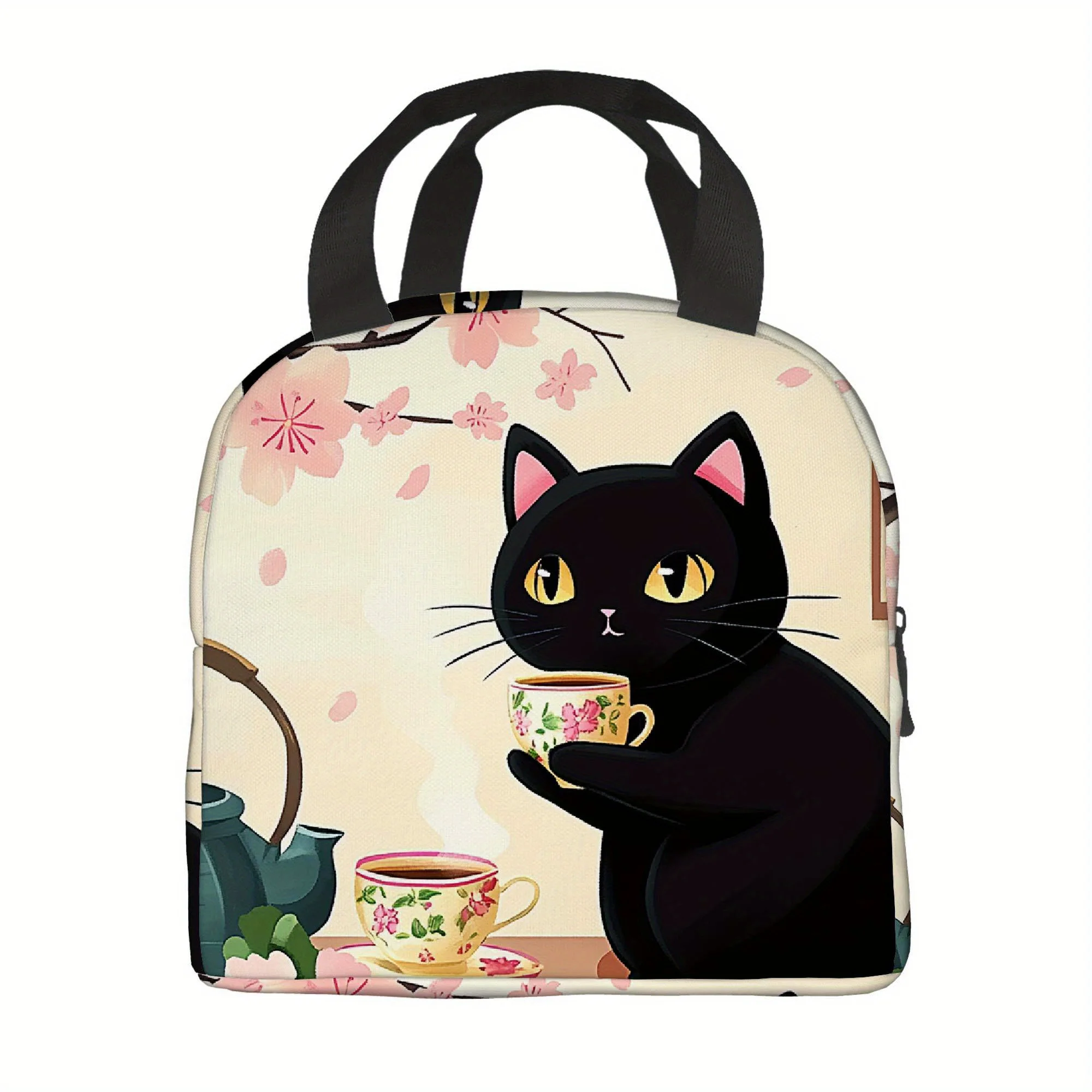 Cat Relishing Tea Time Amidst Cherry Blossoms, a Thermal Bag Designed for Insulation, Not for Food Contact