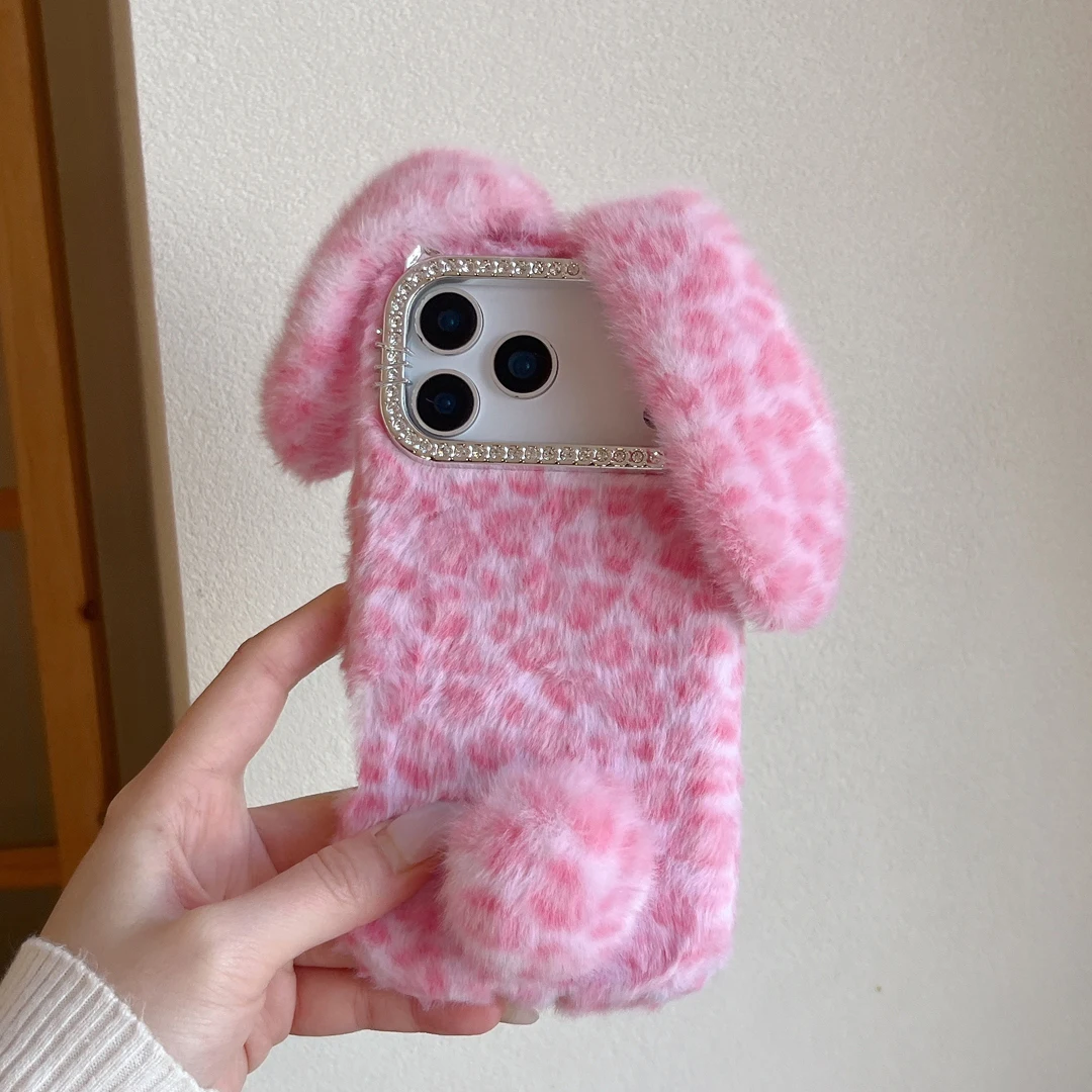 

Осенне-зимний чехол с леопардовым принтом, милый красивый плюшевый чехол с кроликом для iPhone 13, 14, 15, 16, 17 Pro Max Plus, противоударный пушистый чехол для телефона
