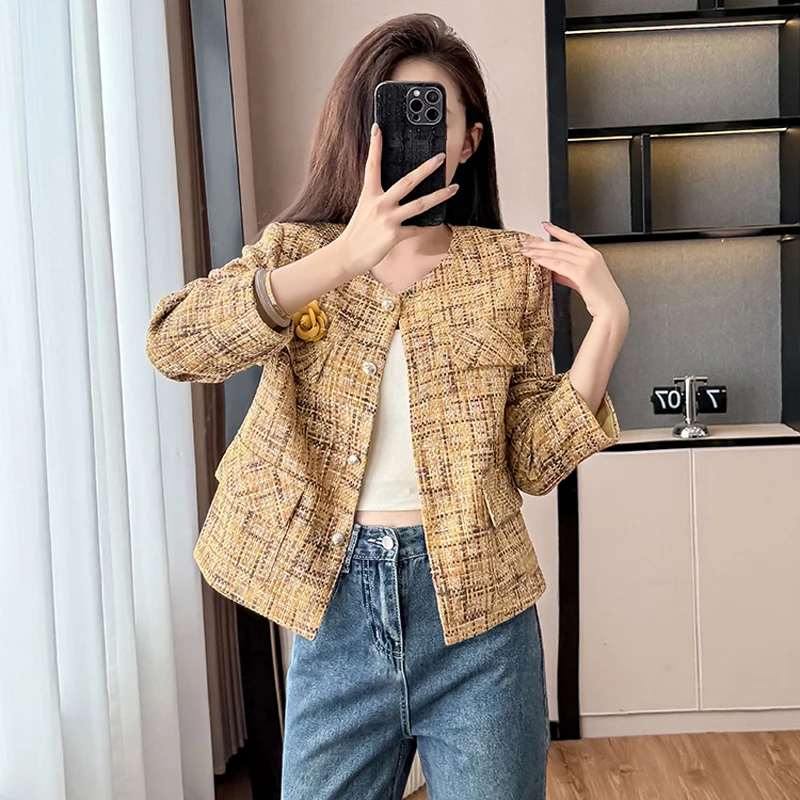 

Французские темпераментные модные твидовые куртки с длинными рукавами, пальто, женское весеннее винтажное шерстяное пальто, женская элегантная женская повседневная верхняя одежда