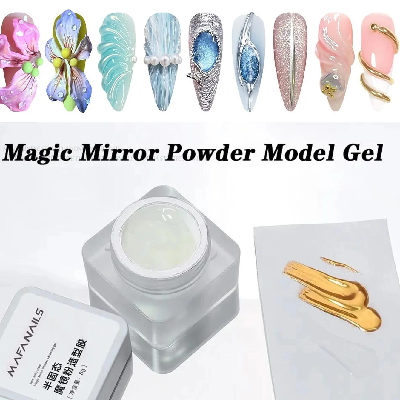 7 قطعة ثلاثية الأبعاد مسمار الفن النحت هلام مجموعة 6 قطعة مسمار معدني بريق مسحوق + 1 قطعة 8 جرام موجة صب النحت جيل للأظافر طقم أظافر *