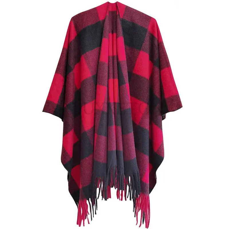 Women Faux Cashmere Air Conditioning Capes Female Long Thick Vintage Shawl Oversize Cardigan Plaid Winter Poncho Streetwear