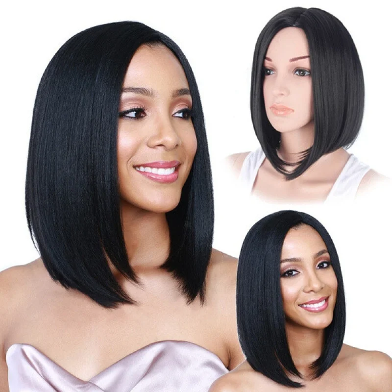 

Women Black Short Bob Wigs Middle Part Straight Synthetic Hair Cosplay Party Wig