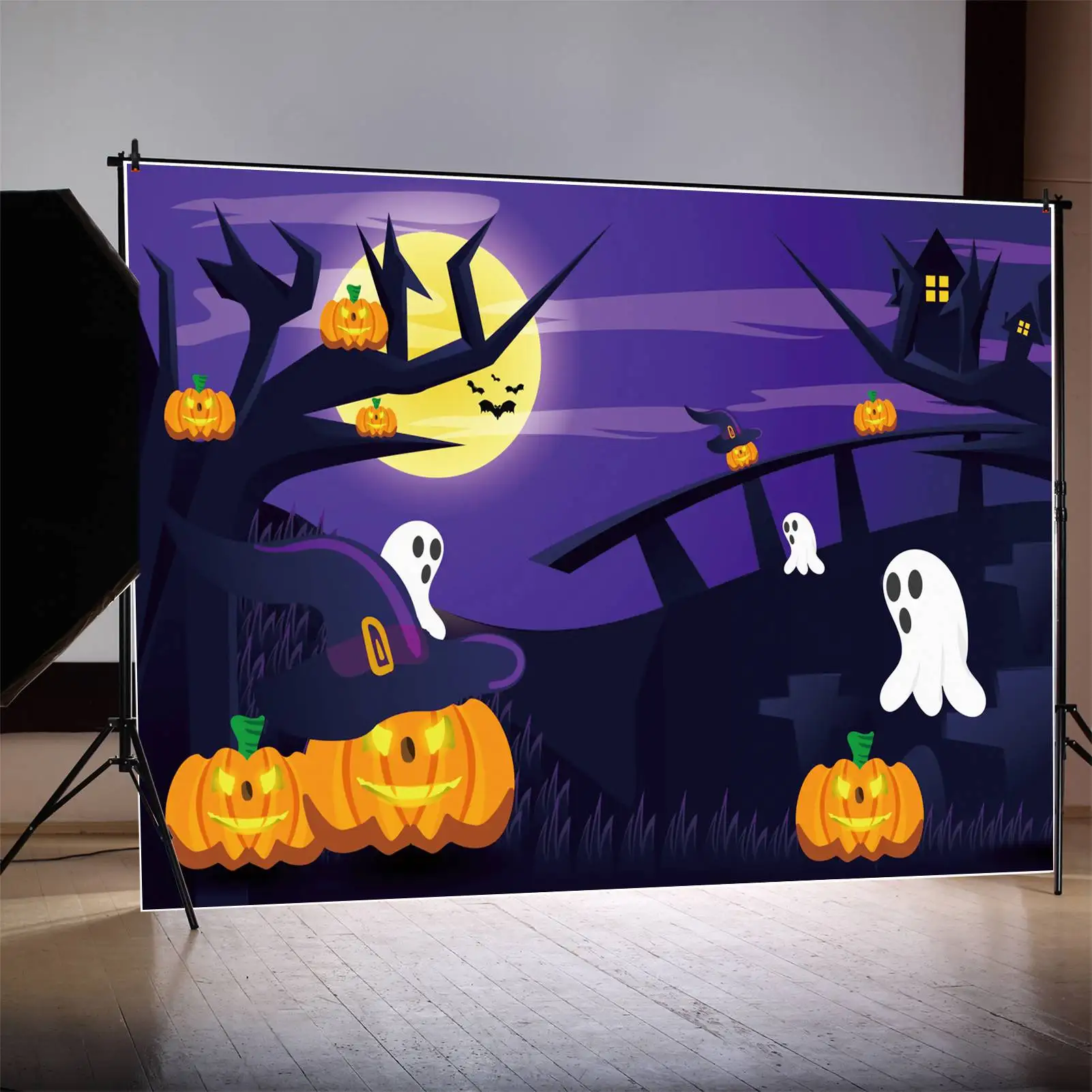 MOON.QG Backdrop Bluey Forest Halloween Tree House Pumpkin Lamp Photo Booth Background Party Props Ghost Tombstone Bridge Decor
