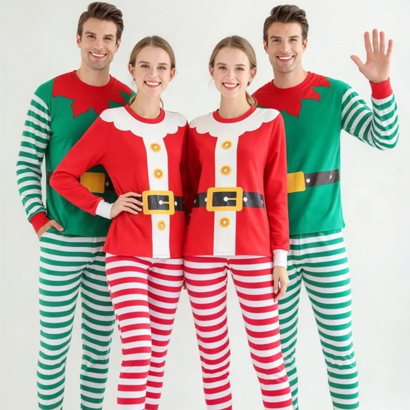 Red Green Striped Xmas Pajamas Sets for Women Men's Santa Claus Cotton Homewear Sleepwear Couples Christmas Pijamas Nightwear