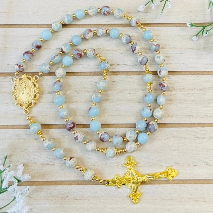 

1Pcs Face Religious Madonna Cross Crisscross Catholicism Prayer Bead Jesus Christian Stone Gold Color 25inch Jewelry For Women