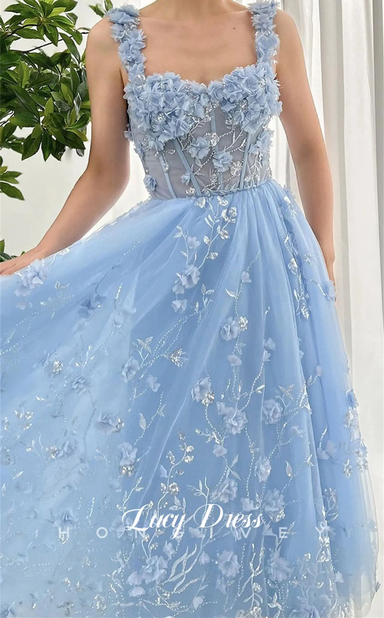 Lucy Coming of Age Dress Sky Blue Line A 3D Flowers Mesh Graduation Gown Birthday Party Quinceanera Dresses Ball Gowns Prom