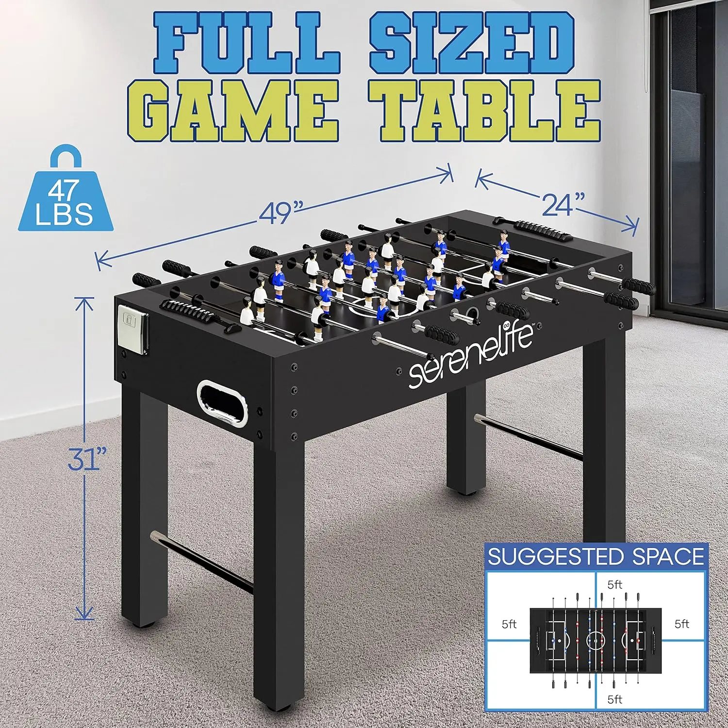 48in Foosball Table, Competition Sized Set with 2 Balls and 2 Cup Holders for Indoor Family Arcade Game Room