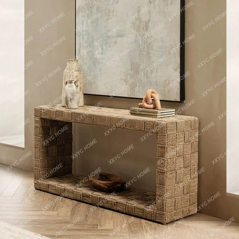 Vintage Rope Woven Entryway Table Modern Minimalist Hallway Console Table Hotel Lobby Side Table