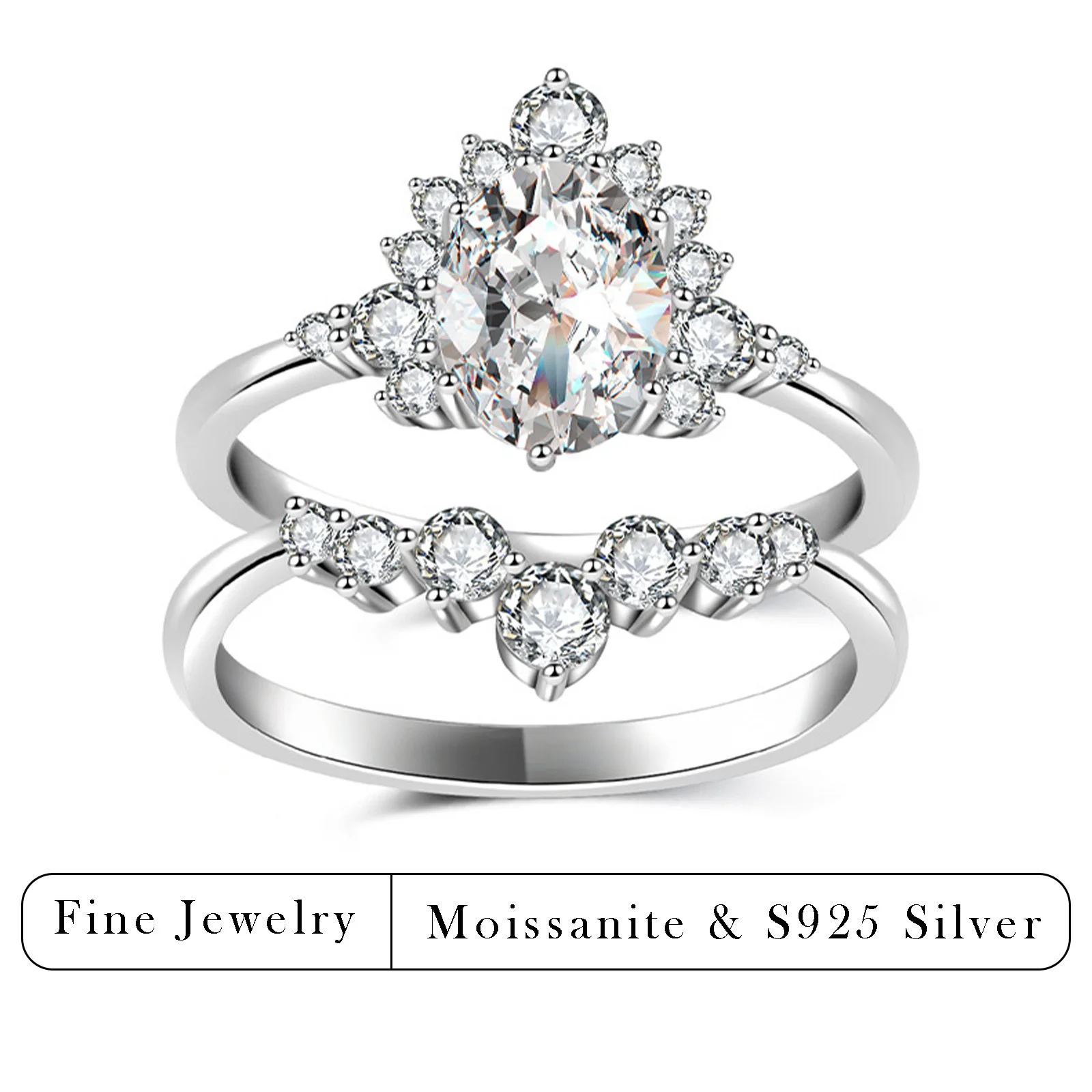 

7.2 CTW Oval Cut Moissanite Bridal Set S925 Silver Halo Engagement Ring with Curved Wedding Band 7.2 Cara