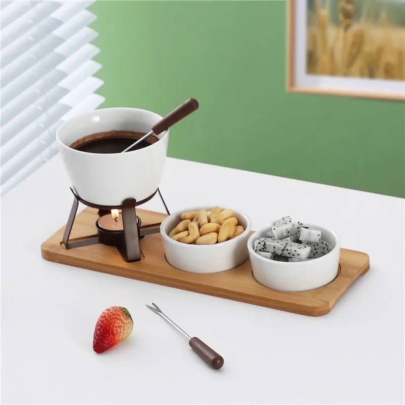 Mini Chocolate Fondue Pot Set with Rectangular Wooden Tray and Forks for Party Dessert Sharing Gift