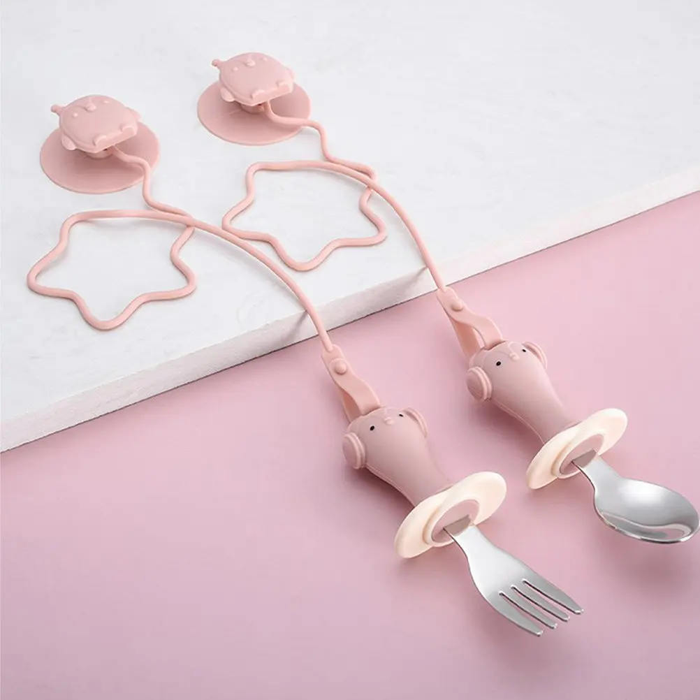

1 Set Toddler Dining Set Baby Fork and Spoon Silicone Stainless Steel Self Feeding Suction Cup Chain Baby Tableware Training