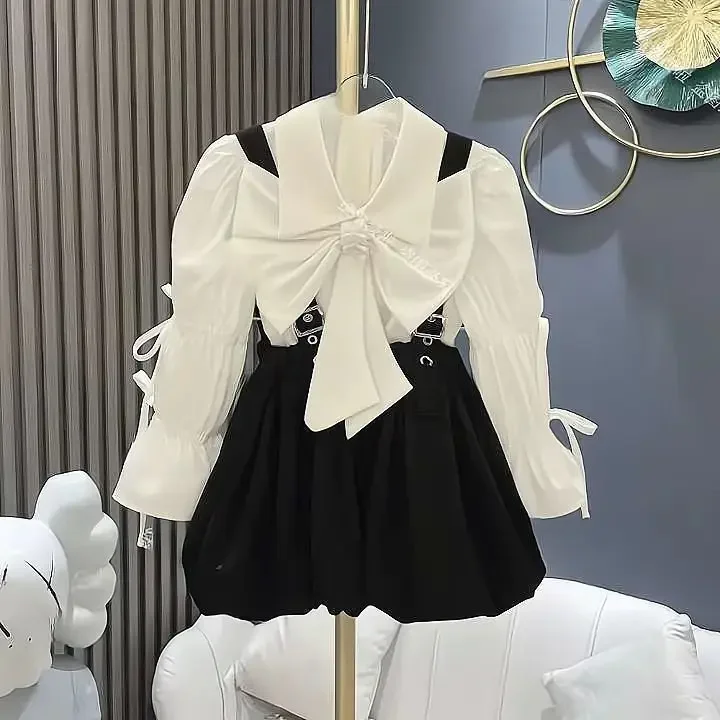 Children Sets Blouses Turn-down Collar Full Sleeve Pullover Bowknot Skirts A-line Above Knee Length Korean Sweet Casual Girls