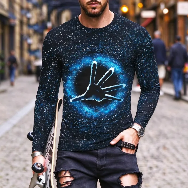 3D Printed Casual Long Sleeve Men's 3D Galaxy Nebula Print T Shirt Autumn Fashion Starry Sky Space Graphic Tees Streetwear
