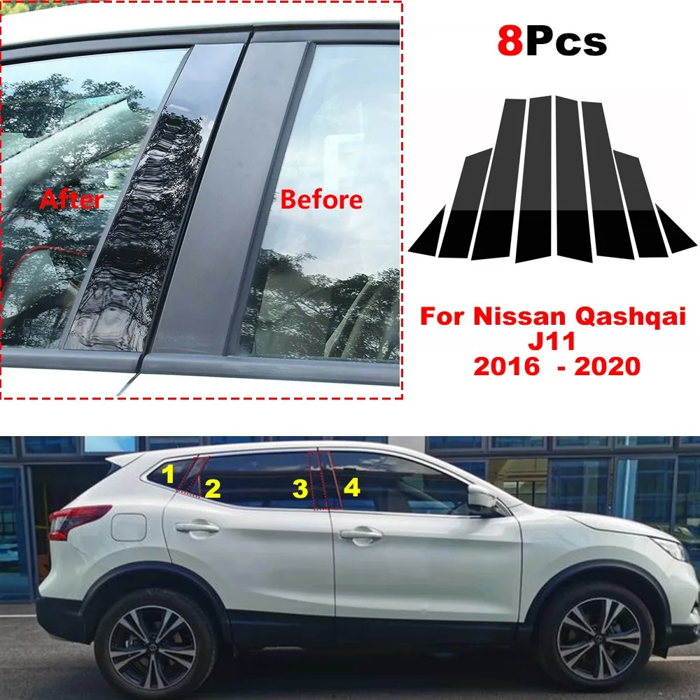 8Pcs Car Polished Pillar Posts Door Window Trim Cover Moulding Fit For Nissan Qashqai J11 2016-2022 BC Column Sticker