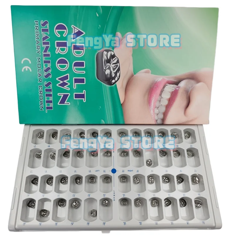 48Pcs/Box Dental Adult Crown Stainless Steel Primary Molar Crown Orthodontic Preformed Metal Crown Tooth Protection
