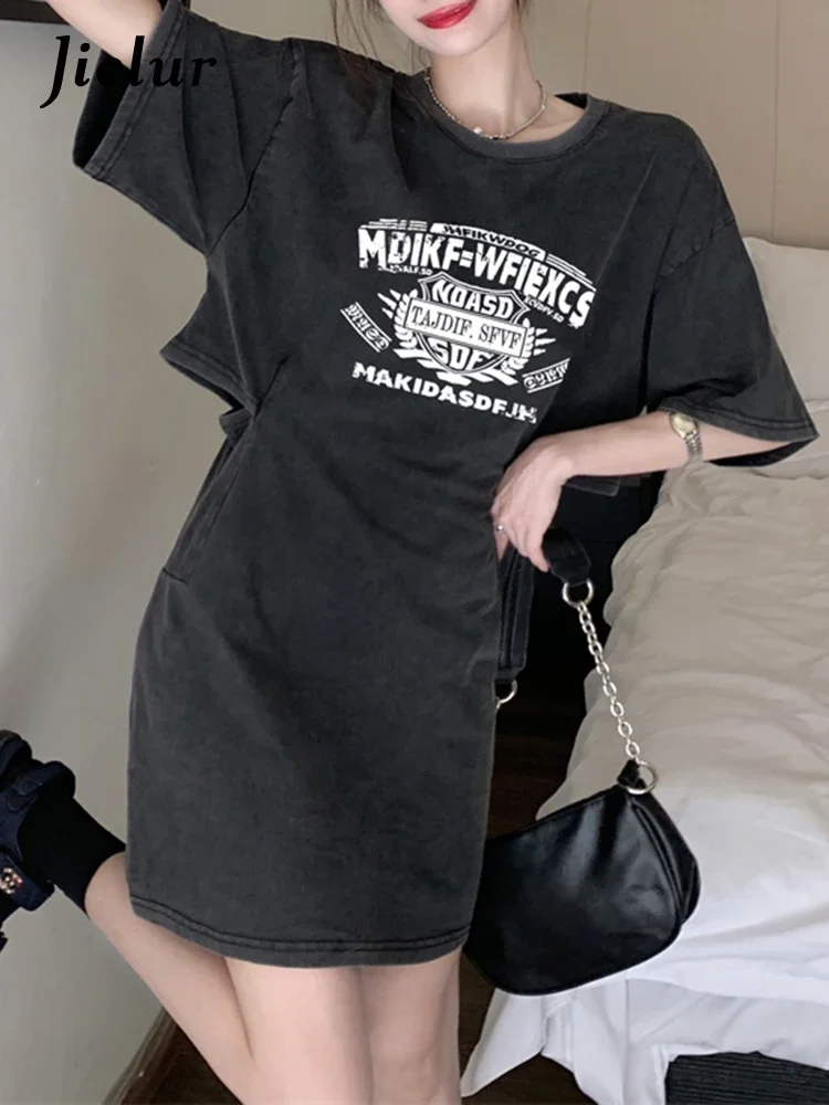 

Jielur American Style Hollow Out Letter Female Dresses Vintage Loose Slim Waist Women's Dress Solid Color O-neck Summer Dresses