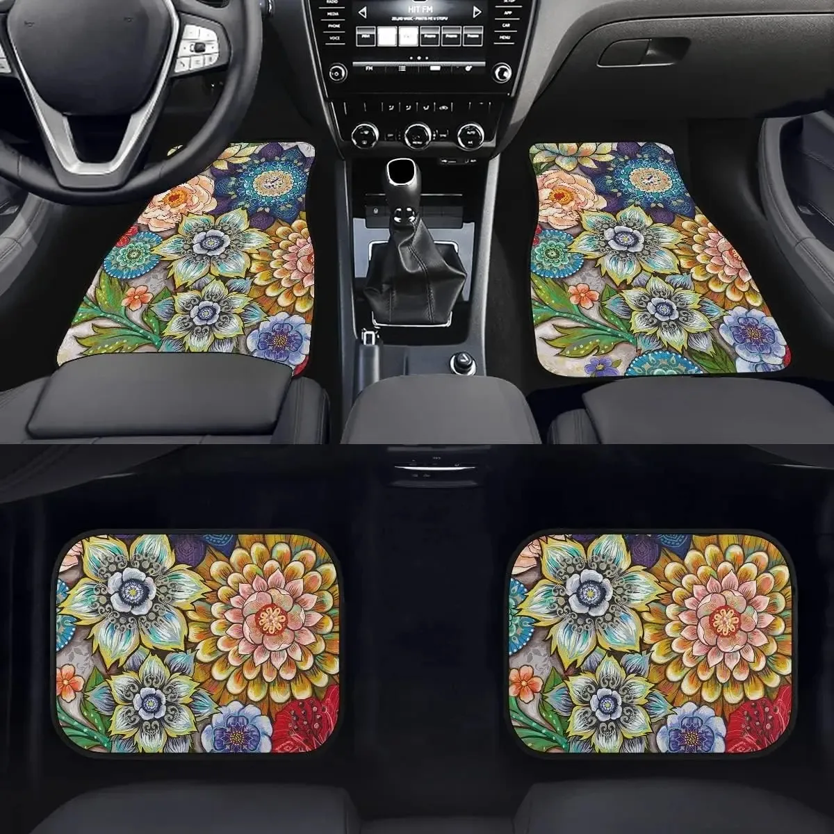 

Decorative Boho Floral Print Car Floor Mats Set，Front & Rear Liners Set,Universal Fit Auto Carpet for Women Girls，decoration