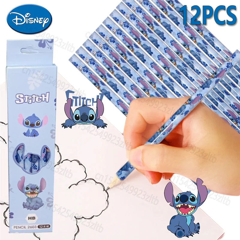 12 buah/Set pensil jahitan Disney tongkat bulat HB pena bulat lucu kartun Stich anak perempuan anak laki-laki perlengkapan sekolah kantor pelajar alat menulis