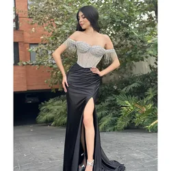 Gorgeous Black Prom Dress Crystal Tassels Off Shoulder Evening Dresses Bodice Split Formal Long Special Occasion Party Gown