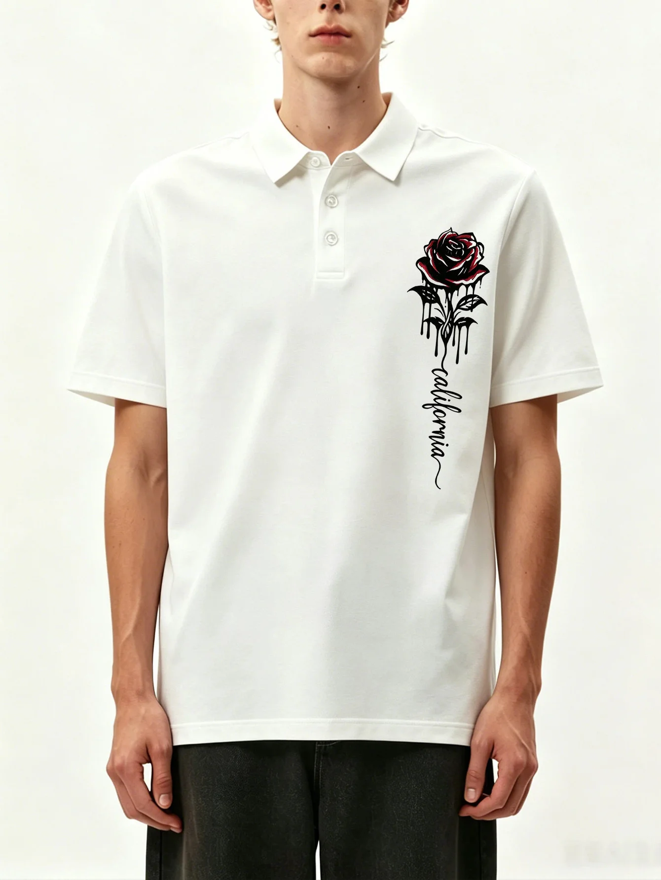 Men's short sleeved shirt polo shirt breathable and moisture wicking rose print suitable for golf and casual wear