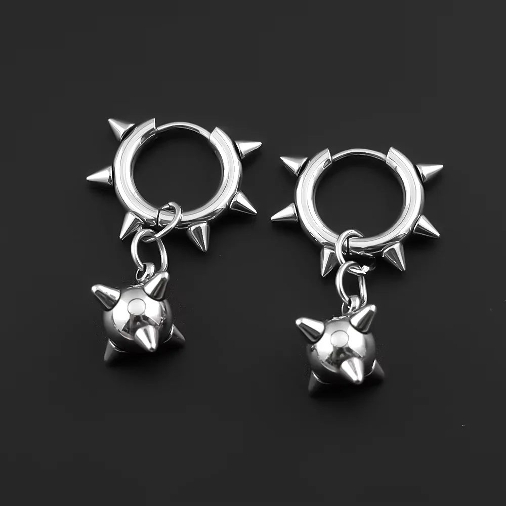 Gothic Spiky Sphere Drop Earrings Stainless Steel Spike Ball Dangle Huggie Hoops Dark Street Emo Piercing Decor Jewelry Gift