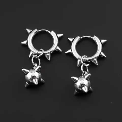 Gothic Spiky Sphere Drop Earrings Stainless Steel Spike Ball Dangle Huggie Hoops Dark Street Emo Piercing Decor Jewelry Gift