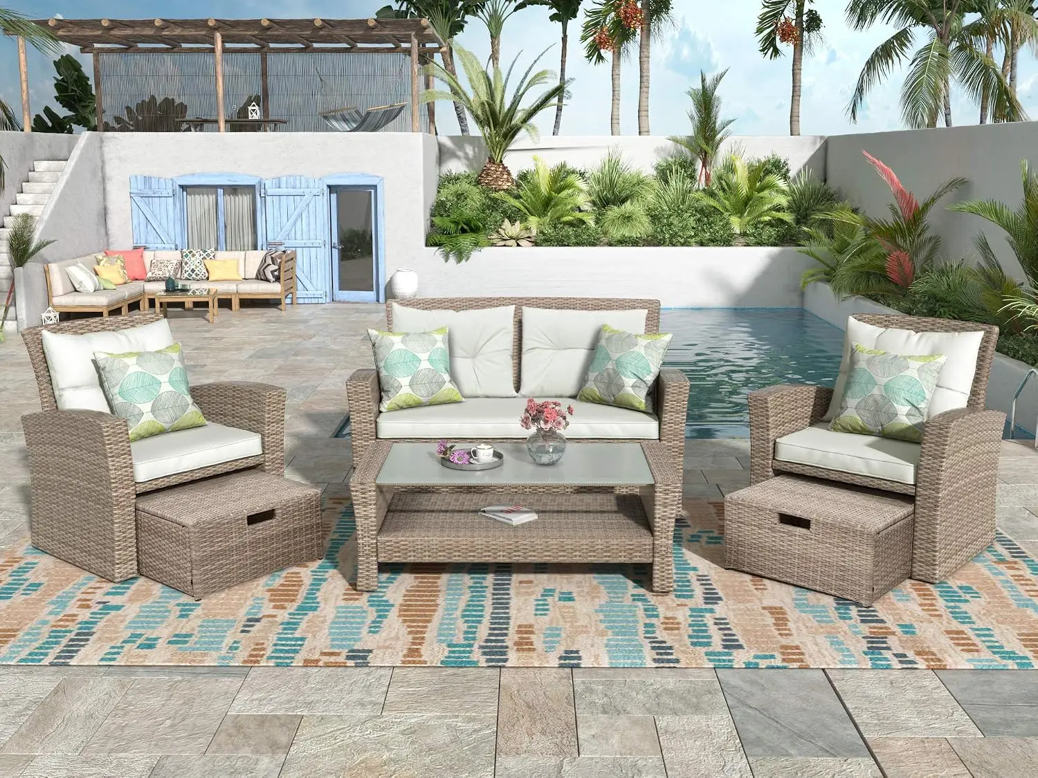 All Weather Wicker Patio Sectional Sofa Set 4 Piece Conversation Set With Ottoman & Cushions, Customized
