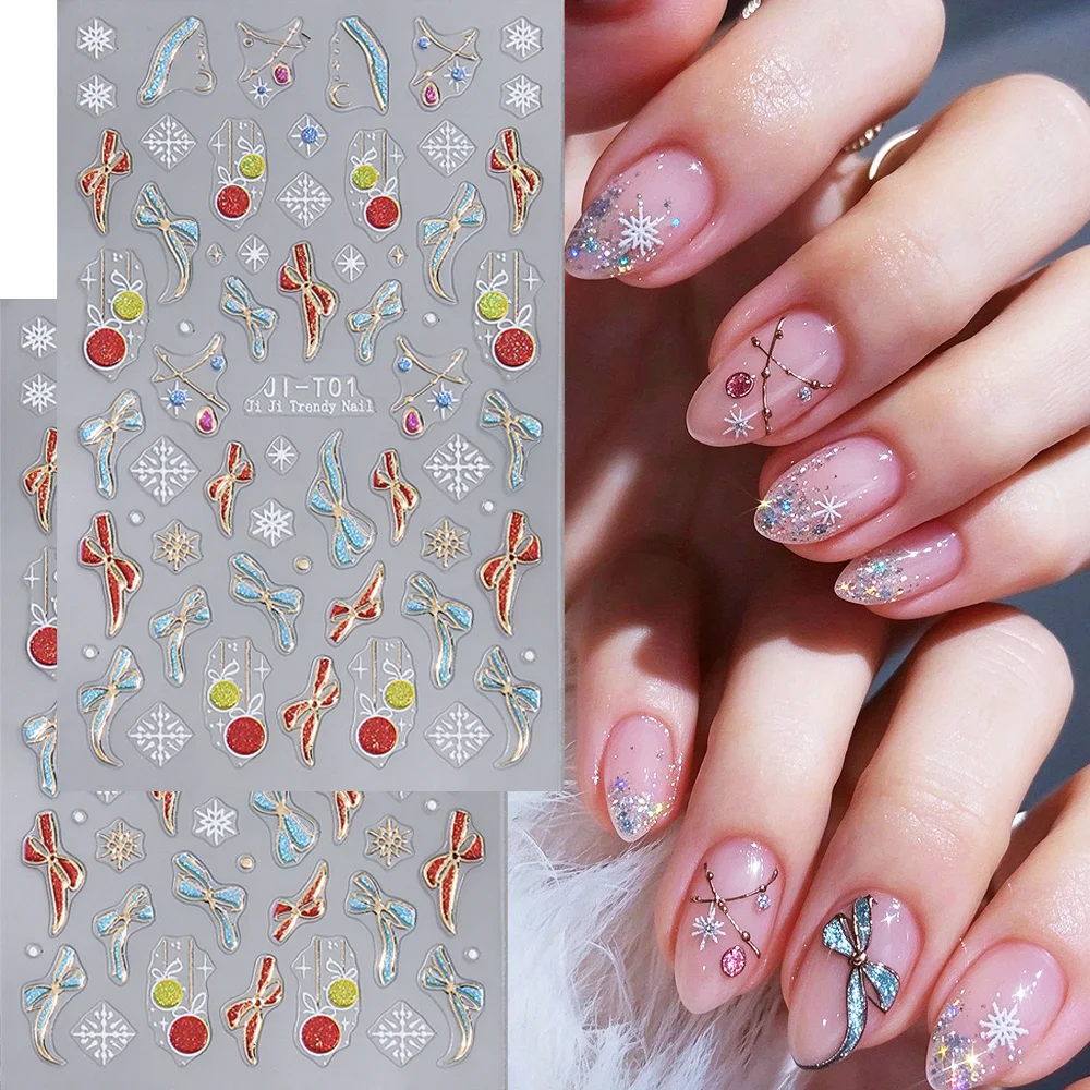 Winter Xmas Nail Art Stickers Metallic Shining Xmas Tree, Ball, Snowflake, Necktie Bow, Dangling Star Design Nail Art Decoration