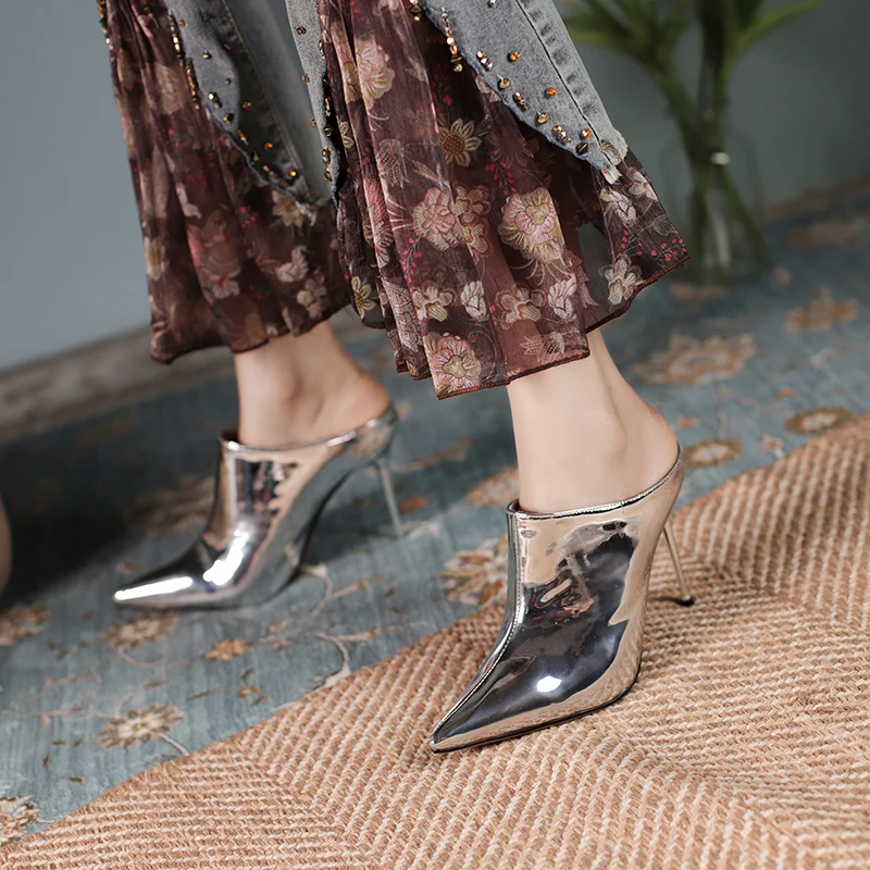 Silver Women\'s Slippers Sexy Mules Shoes For Women High Heels Sandals Pointed Toe Slides Party Shoes Female Black Large Size 45
