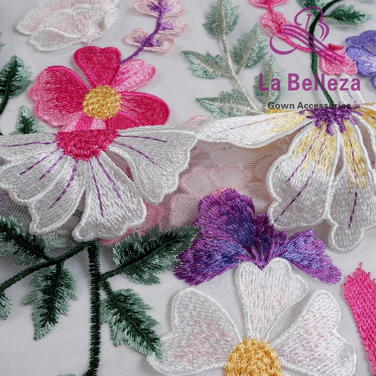 La Belleza mixed colors on white tulle embroidered lace,flwoers lace fabric 51\'\' width 1 yard can be cut as flower lace trimms