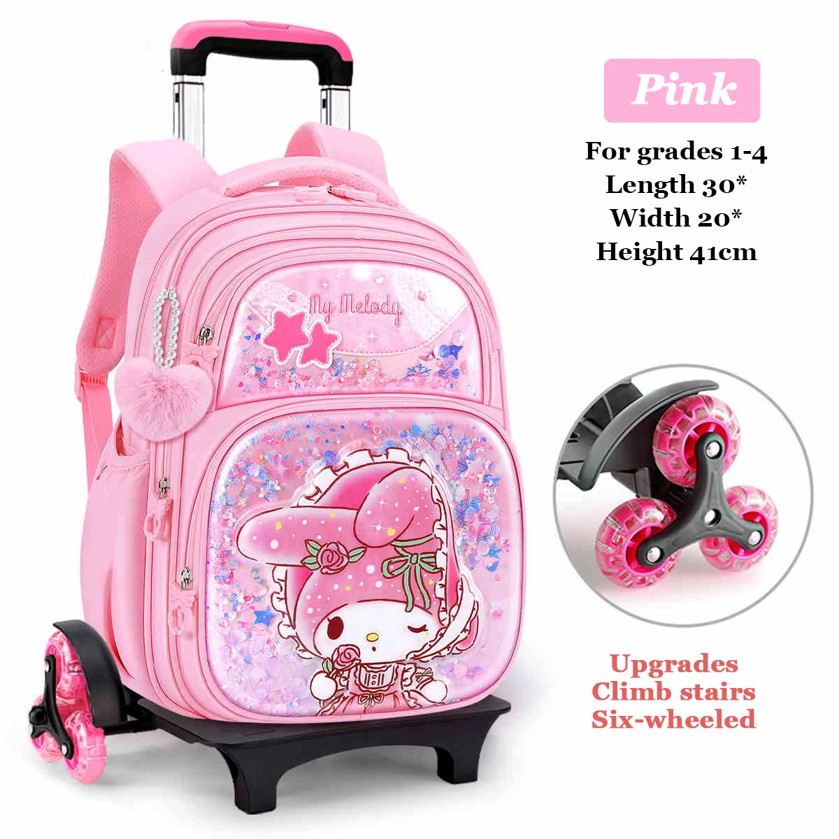 Miniso Cinnamoroll Kuromi Girl Trolley Schoolbag Pupil Grade1-4 cute Wheeled Backpack Elementary Student 6-Wheel School Bag Gift