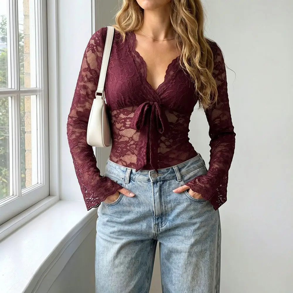 Autumn Sexy Lace Bodysuit Women Slim Fit Sheer Romper Long Flare Sleeve High Waist Burgundy Elegant Party Clubwear