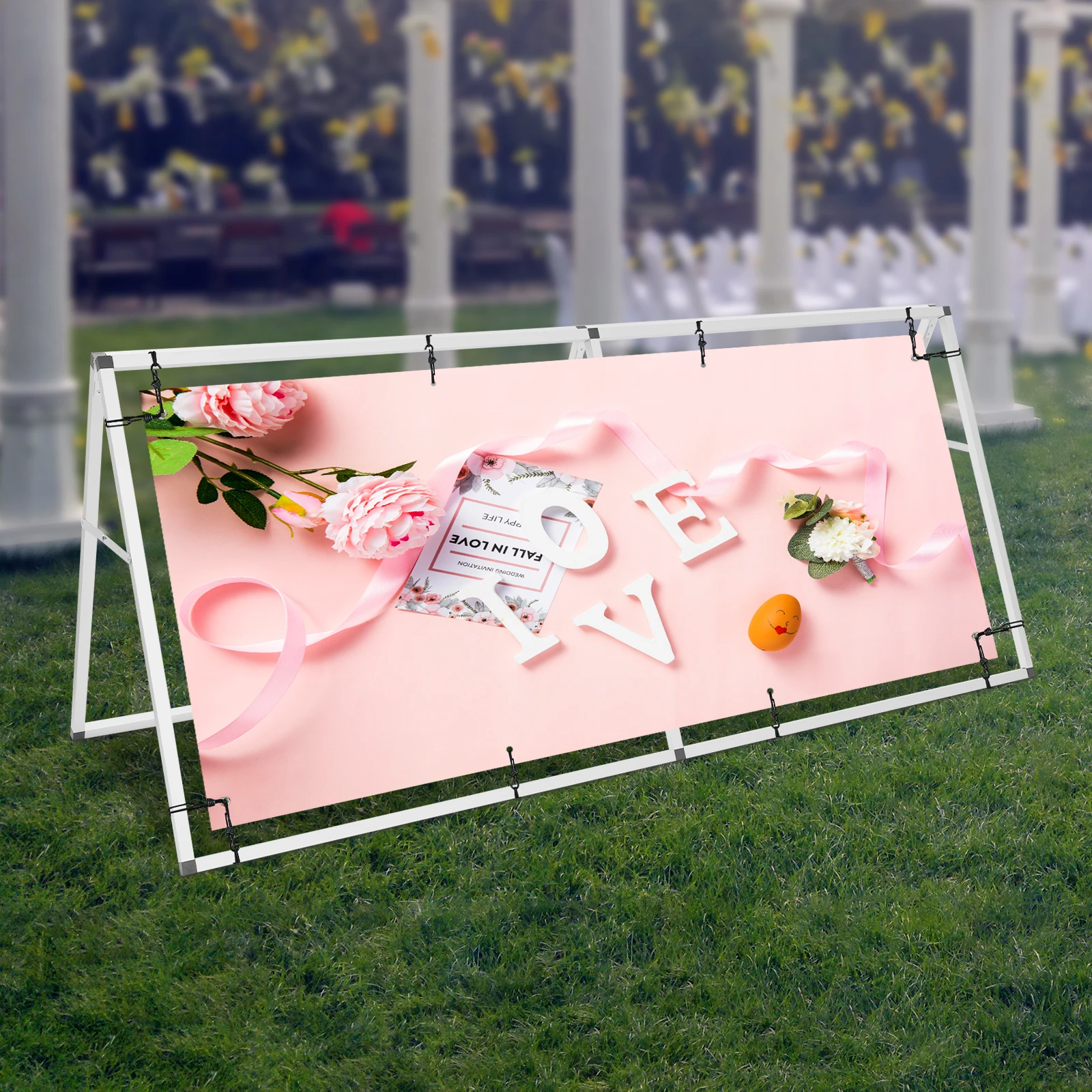 3×7ft Double Sided Poster Display Stand, Silver Floorstanding Horizontal Floor Standing Display Banner Stand, Aluminum Alloy A-Frame Poster Stand Indoor and Outdoor Use With 20* Bungee Cords+1* Storage Bag