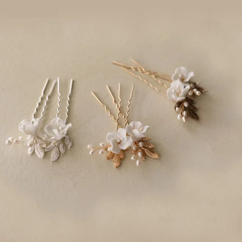 งานแต่งงาน Pins คลิปผมเซรามิคดอกไม้เจ้าสาว Headpiece ทองเงินสี Leaf เครื่องประดับไข่มุกผู้หญิง Boddy Pin