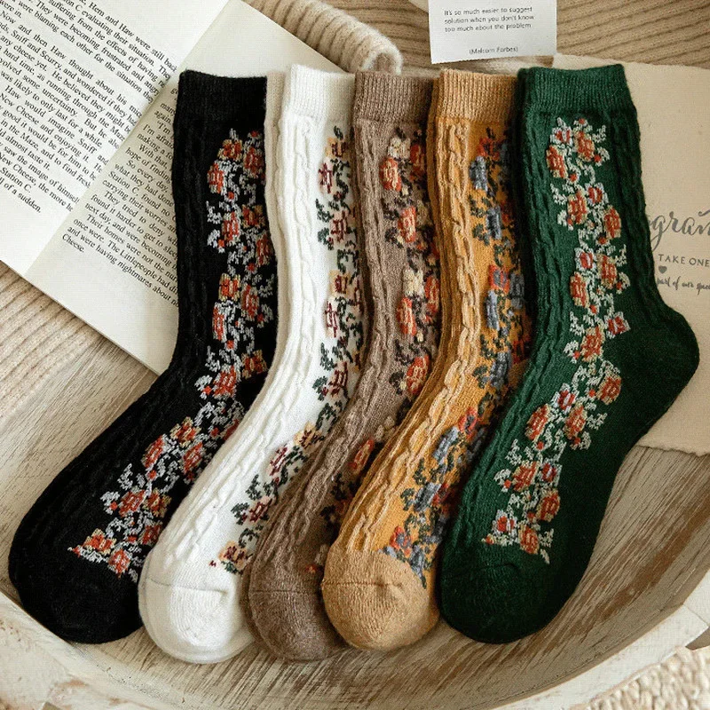 Winter Flower Embroidery Harajuku Retro Streetwear Long Socks Thick Keep Warm Woman Socks Cashmere Wool Thermal Cute Socks Gifts