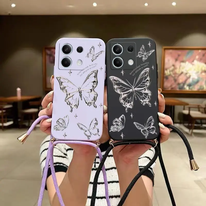 جراب هاتف سيليكون بحبل فراشة فضي ، غطاء لهاتف شاومي ريدمي نوت 13 ، 13R ، 13Pro ، 11T ، 12Pro ، 13Pro Plus ، 11S ، 12S ، 10S