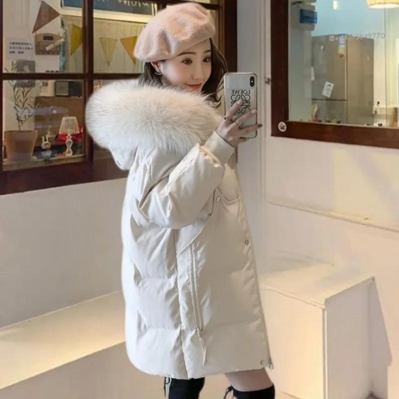 2023 New Women Cotton Coat Winter Jacket Mid Length Version Parkas Loose Hooded Outwear Warm Fur Collar Student Overcoat